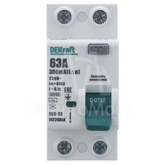 Выключатель дифференциального тока (УЗО) 2п 63А 300мА тип AC 6кА УЗО-03 DEKraft 14228DEK