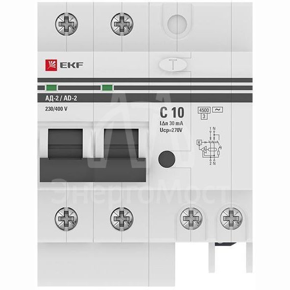 Выключатель автоматический дифференциального тока 2п 4мод. C 10А 30мА тип AC 4.5кА АД-2 PROxima EKF DA2-10-30-pro