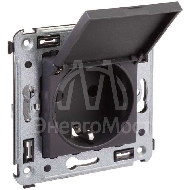 Розетка 1-м СП 2мод. Avanti &amp;quot;Черный матовый&amp;quot; 16А 2P+E защ. шторки с крышкой механизм черн. DKC 4412013