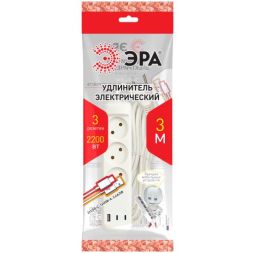 Удлинитель электрический U-3-3m-USB-W 3 розетки + 3xUSB A+C 3м 10А бел. Эра Б0069076