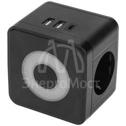 Двойник электрический Куб 16А с/з+2хUSB-A 2.4А+USB Type-C 3А с ночной подсветкой черн. Rexant 11-1252