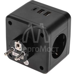 Двойник электрический Куб 16А с/з+2хUSB-A 2.4А+USB Type-C 3А с ночной подсветкой черн. Rexant 11-1252