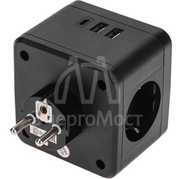 Двойник электрический Куб 16А с/з+2хUSB-A 2.4А+USB Type-C 3А с ночной подсветкой черн. Rexant 11-1252