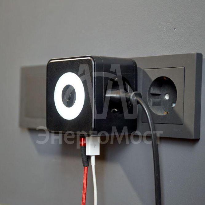 Двойник электрический Куб 16А с/з+2хUSB-A 2.4А+USB Type-C 3А с ночной подсветкой черн. Rexant 11-1252