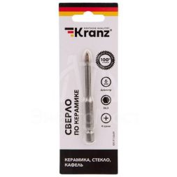 Сверло по стеклу и керамике 6мм 4 грани шестигранный хвостовик Kranz KR-91-0649