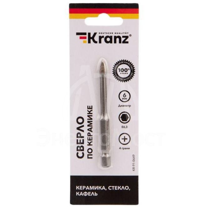 Сверло по стеклу и керамике 6мм 4 грани шестигранный хвостовик Kranz KR-91-0649
