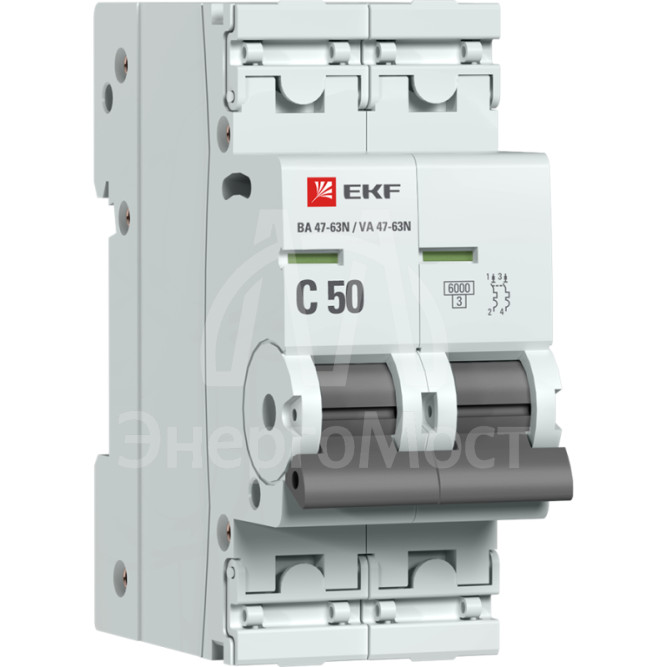 Выключатель автоматический 2п 50А (C) 6кА ВА 47-63N EKF PROxima