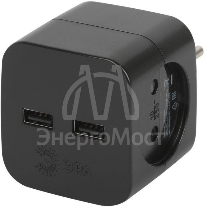 Разветвитель электрический SP-2-USB-B на 2 розетки 220В+ 2xUSB 2400мА без заземл 10А черн. Эра Б0049535