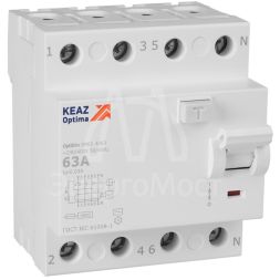 Выключатель дифференциального тока (УЗО) 4п 63А 30мА тип AC 4.5кА OptiDin DM63-4263 УХЛ4 КЭАЗ 343893