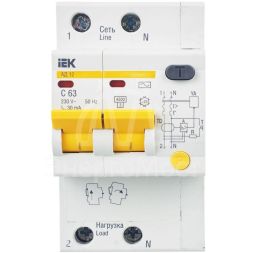 Выключатель автоматический дифференциального тока 2п C 63А 30мА тип AC 4.5кА АД-12 IEK MAD10-2-063-C-030