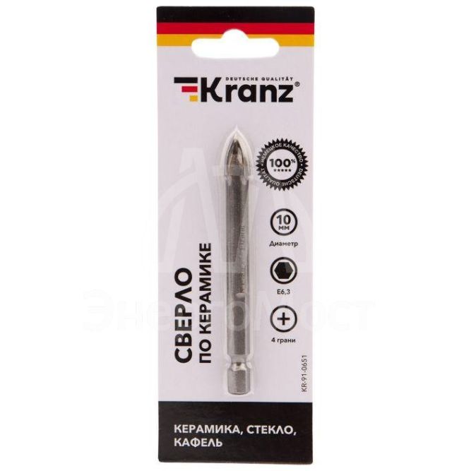 Сверло по стеклу и керамике 10мм 4 грани шестигранный хвостовик Kranz KR-91-0651