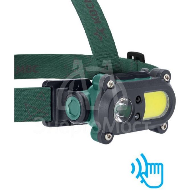 Фонарь аккумуляторный налобный сенсорный 3Вт LED+3Вт COB LED с коллиматорной линзой Li-ion 18650 1200мА.ч корпус ABS-пластик USB-шнур регулируемый эласт. ремешок КОСМОС KOC502Lit