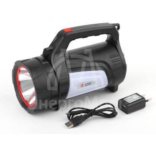 Фонарь-прожектор аккумуляторный Армия России Шмель PA-702 10Вт + боков. свет красн. маяк USB powerbank литиевый Эра Б0033764