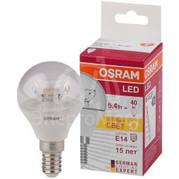 Лампа светодиодная LED STAR CLASSIC P 40 5.4W/830 5.4Вт шар 3000К тепл. бел. E14 470лм 220-240В прозр. пласт. OSRAM 4052899971622