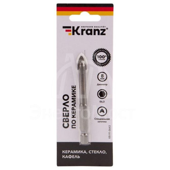 Сверло по стеклу и керамике 8мм ((шестигранный хвостовик) Kranz KR-91-0643