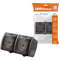 Розетка 2-м ОП Клио 16А IP54 с заземл. с прозр. крышкой сер. UNIVersal К2232-Gr