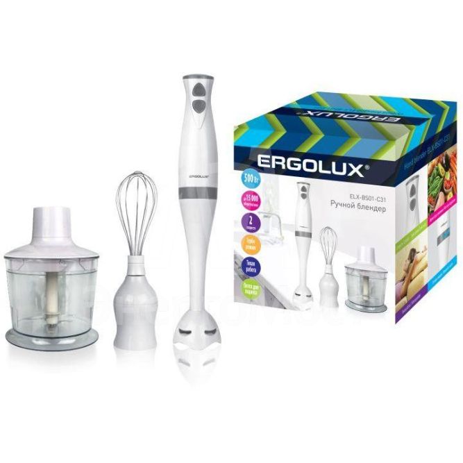 Блендер ELX-BS01-C31 набор: измельчитель; венчик 500Вт 220-240В бело-сер. Ergolux 13440