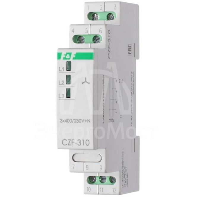 Реле контроля фаз CZF-310 (1 модуль; монтаж на DIN-рейке; 3х400/230+N 8А 1NO/NC IP20) F&amp;amp;F EA04.001.005
