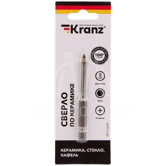 Сверло по стеклу и керамике 5мм 4 грани шестигранный хвостовик Kranz KR-91-0648