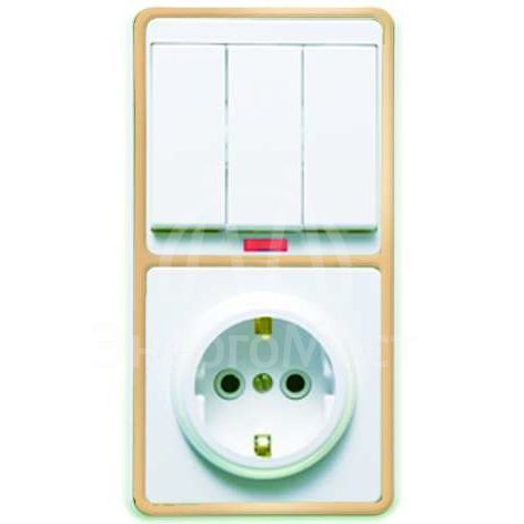 Блок БКВР-054 Бэлла (3-кл. выкл. с подсветкой + розетка с заземл.) зол. Кунцево 5846