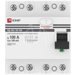 Выключатель дифференциального тока (УЗО) 4п 100А 100мА тип AC ВД-100 (электромех.) PROxima EKF elcb-4-100-100-em-pro