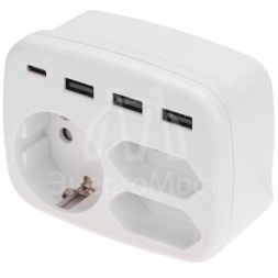 Тройник электрический 16А с/з+2х2.5А+3хUSB-A 2.4А+USB Type-C 3А бел. Rexant 11-1250