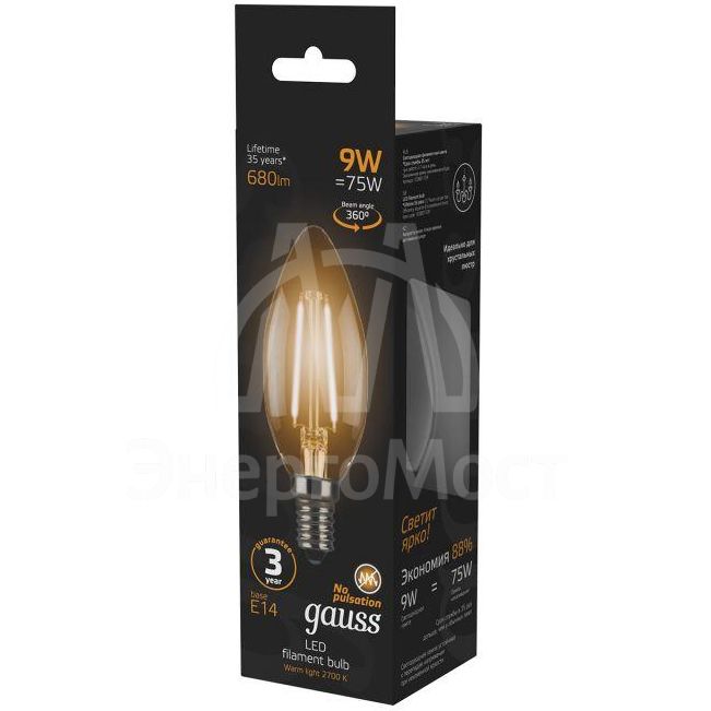 Лампа светодиодная Black Filament Свеча E14 9Вт 2700К Gauss 103801109