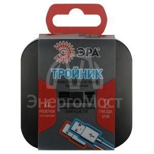 Разветвитель электрический SP-4-USB-B на 4 розетки 220В+ 2xUSB 2400мА без заземл 10А черн. Эра Б0049536