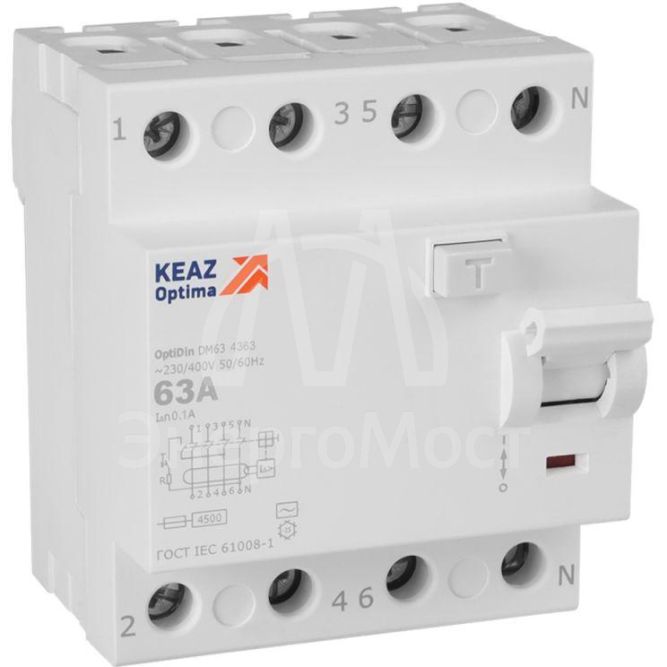 Выключатель дифференциального тока (УЗО) 4п 63А 100мА тип AC 4.5кА OptiDin DM63-4363 УХЛ4 КЭАЗ 343899