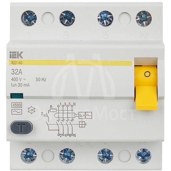 Выключатель дифференциального тока (УЗО) 4п 32А 30мА тип AC ВД1-63 IEK MDV10-4-032-030