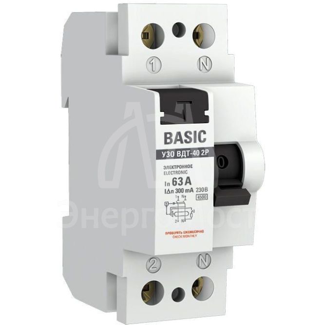 Выключатель дифференциального тока (УЗО) 2п 63А 300мА ВДТ-40 (электрон.) Basic EKF elcb-2-63-300e-sim