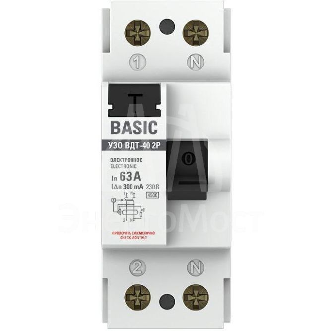 Выключатель дифференциального тока (УЗО) 2п 63А 300мА ВДТ-40 (электрон.) Basic EKF elcb-2-63-300e-sim