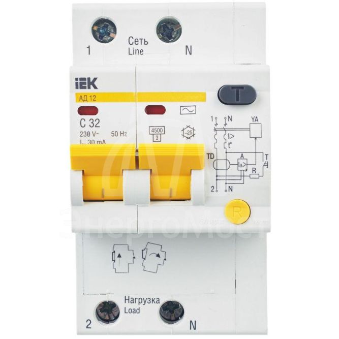 Выключатель автоматический дифференциального тока 2п C 32А 30мА тип AC 4.5кА АД-12 IEK MAD10-2-032-C-030