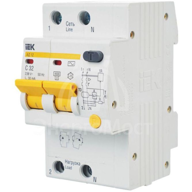 Выключатель автоматический дифференциального тока 2п C 32А 30мА тип AC 4.5кА АД-12 IEK MAD10-2-032-C-030