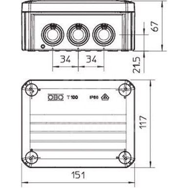 Коробка распределительная 150х116х67мм IP66 T 100 10х25 свет. сер. OBO 2007077