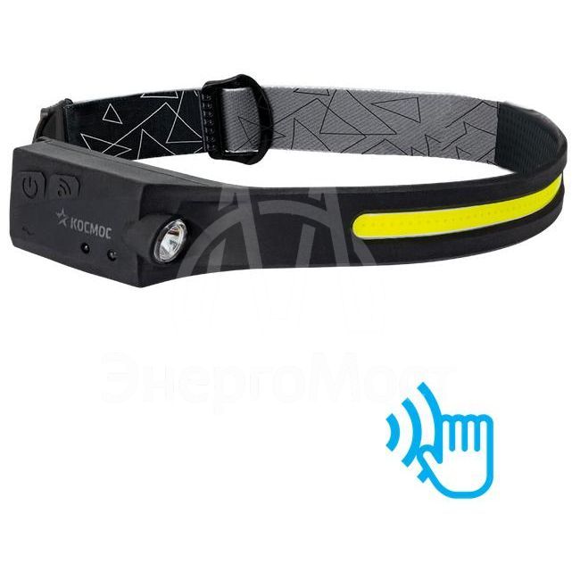 Фонарь аккумуляторный налобный сенсорный 20Вт COB LED+2ВтXPE LED Li-po 102540 1200мА.ч корпус гибкая прорезиненная основа встроенный регулируемый эласт. ремешок USB-шнур type C КОСМОС KOC504Lit