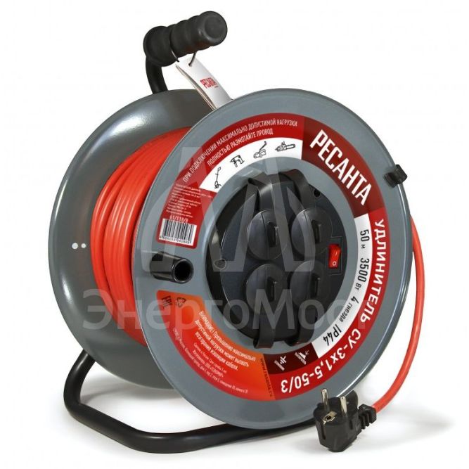 Удлинитель силовой на металлической катушке Ресанта СУ-3х1,5-30/3 (с выкл., 4 розетки, IP44)