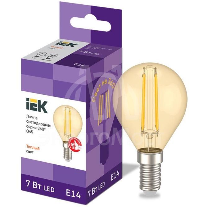 Лампа светодиодная 360° G45 7Вт шар 2700К E14 230В золото IEK LLF-G45-7-230-30-E14-CLG
