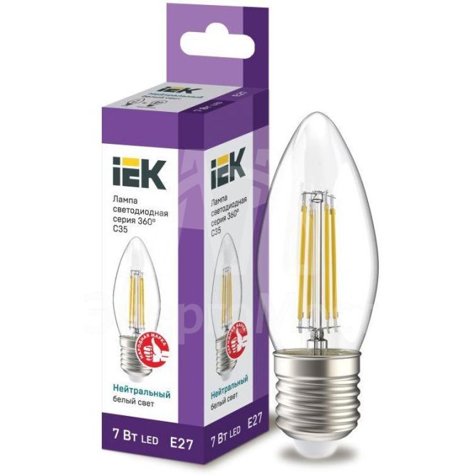 Лампа светодиодная 360° C35 7Вт свеча 4000К E27 230В прозр. IEK LLF-C35-7-230-40-E27-CL