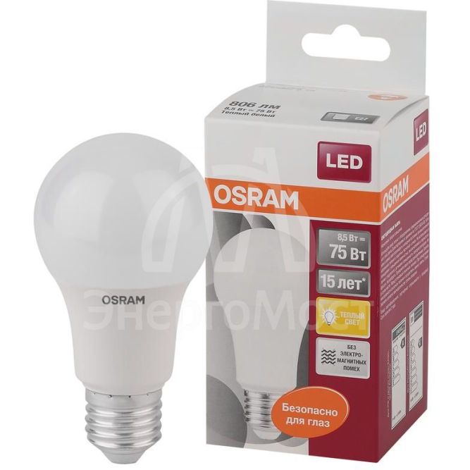 Лампа светодиодная LED STAR CLASSIC A 75 8.5W/827 8.5Вт грушевидная 2700К тепл. бел. E27 806лм 220-240В матов. пласт. OSRAM 4052899971554