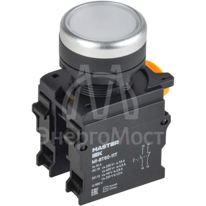 Кнопка d22мм 1НО+1НЗ MASTER с фиксацией бел. IEK MI-BT60-11T-3-21-K01