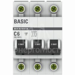 Выключатель автоматический модульный 3п C 6А 4.5кА ВА 47-29 Basic EKF mcb4729-3-06C