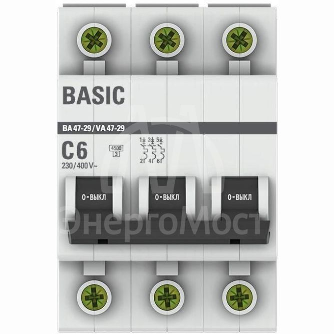 Выключатель автоматический модульный 3п C 6А 4.5кА ВА 47-29 Basic EKF mcb4729-3-06C