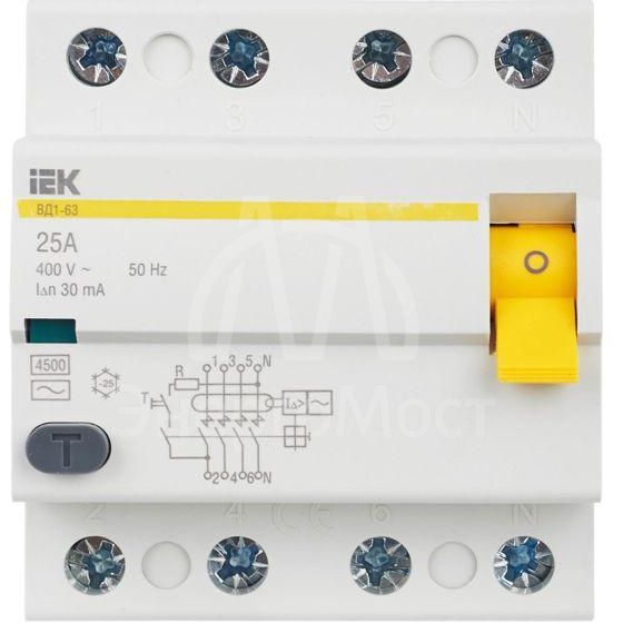 Выключатель дифференциального тока (УЗО) 4п 25А 30мА тип AC ВД1-63 IEK MDV10-4-025-030
