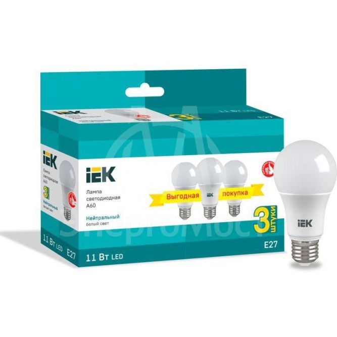 Лампа светодиодная 11Вт A60 шар 4000К нейтр. бел. E27 230В (уп.3шт) IEK LLE-A60-11-230-40-E27-3