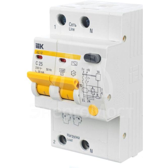 Выключатель автоматический дифференциального тока 2п C 25А 30мА тип AC 4.5кА АД-12 IEK MAD10-2-025-C-030