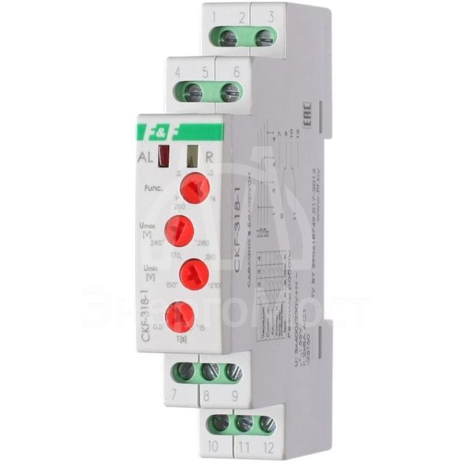 Реле контроля наличия и чередования фаз CKF-318-1 (контроль чередования; слипания фаз; регулировка верх. и нижн. порога напряжения; регулировка задержки отключения; 1 модуль; монтаж на DIN-рейке)(аналог РНПП-311М) F&amp;amp;F EA04.002.007