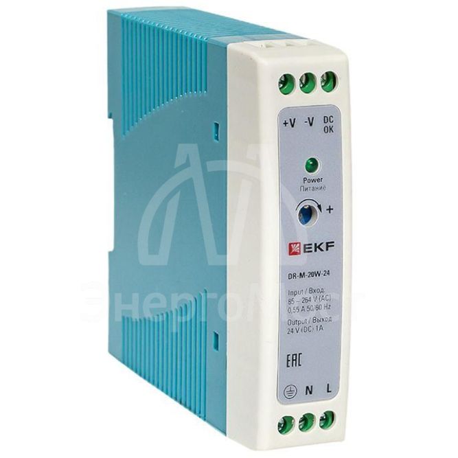 Блок питания на DIN-рейку 20Вт Uвх ~ 220В AC m Uвых - 24В DC постоянного тока EKF DR-M-20W-24