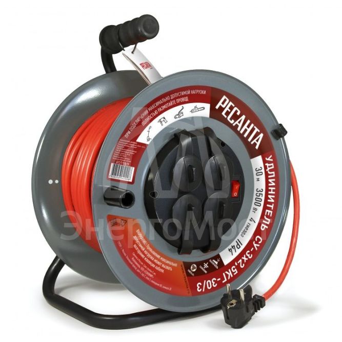 Удлинитель силовой на металлической катушке Ресанта СУ-3х2,5КГ-30/3 (с выкл., 4 розетки, IP44)