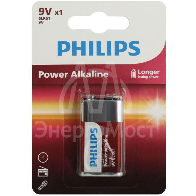 Элемент питания алкалиновый &amp;quot;крона&amp;quot; 6LR61 9В Power (блист. 1шт) Philips Б0062717